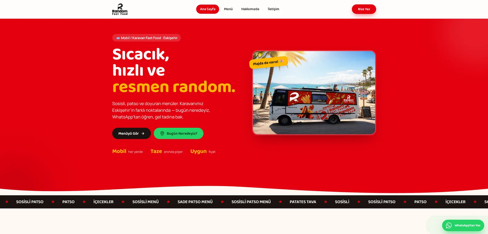 Random Fast Food — Marka Sitesi, QR Menü ve Yönetim Paneli ekran görüntüsü